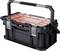 Black plastic tool case with red insert and transparent lid; includes carrying handle and side locks.