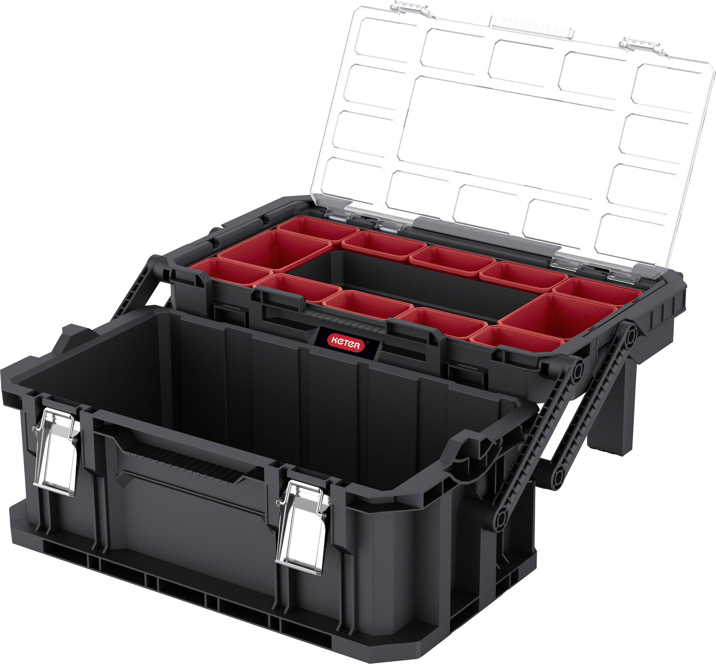 Open black tool box with removable red compartments, perfect for organised storage of tools and small parts.
