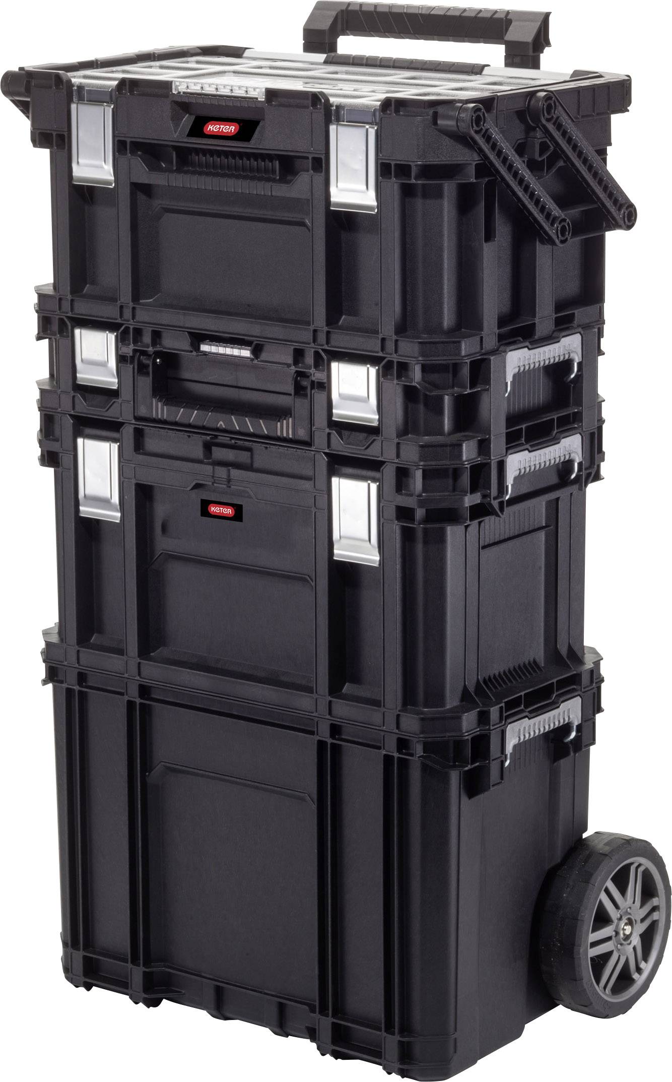 A stackable tool case with three modules, handles, and wheels for easy transport.