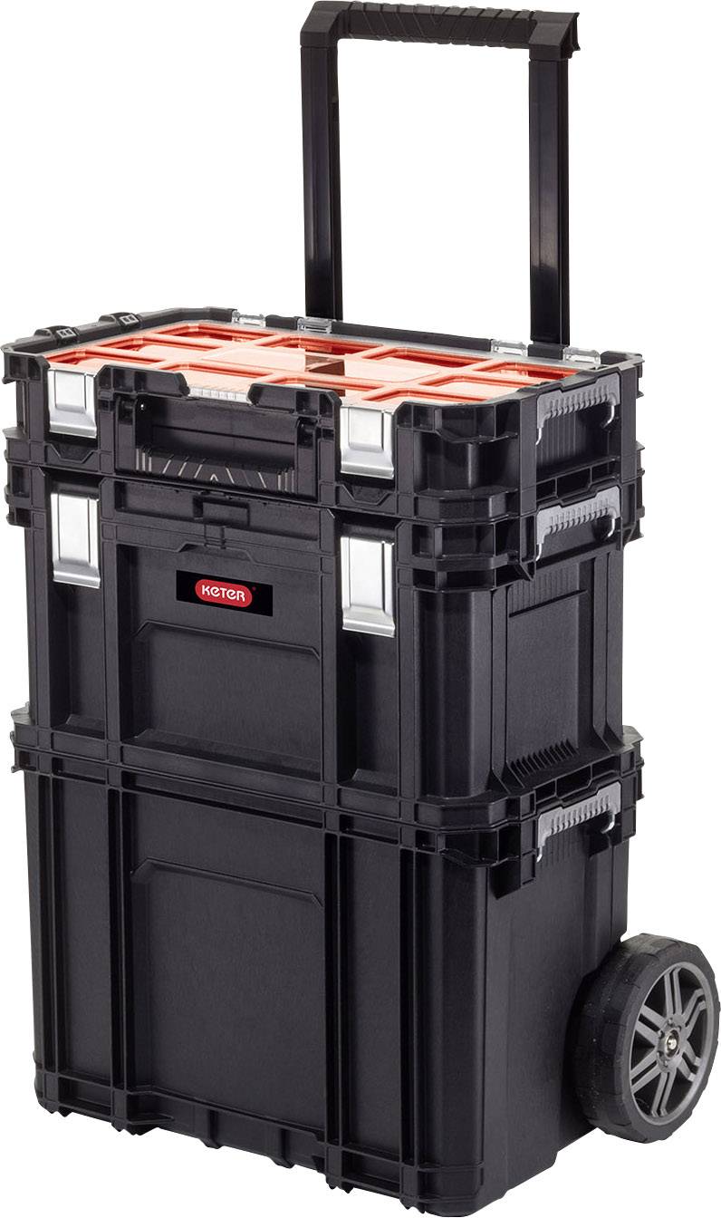 Black tool trolley with a retractable handle. The trolley has multiple stackable containers and metal locks.