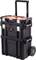 Black tool trolley with a retractable handle. The trolley has multiple stackable containers and metal locks.
