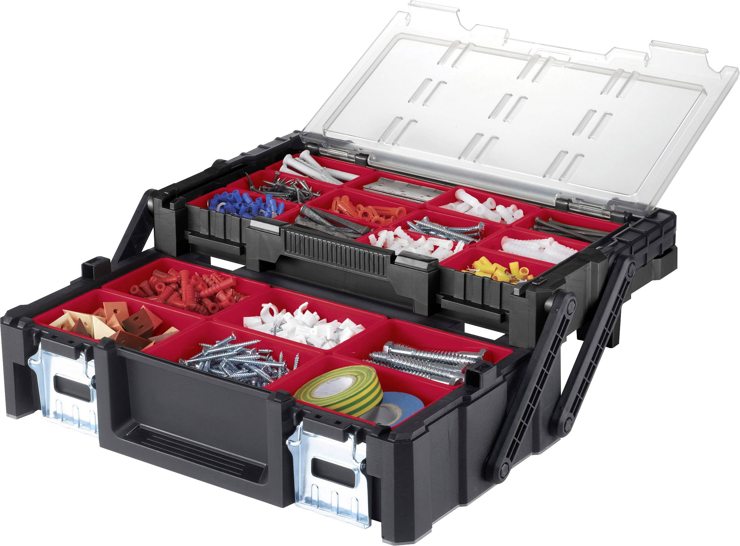 Open tool case with sorted compartments containing various screws, wall plugs, and mounting hardware in different colours.