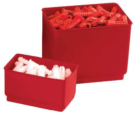 Two red boxes, one smaller than the other. The larger box contains red plastic wall plugs, the smaller box contains white wall plugs.