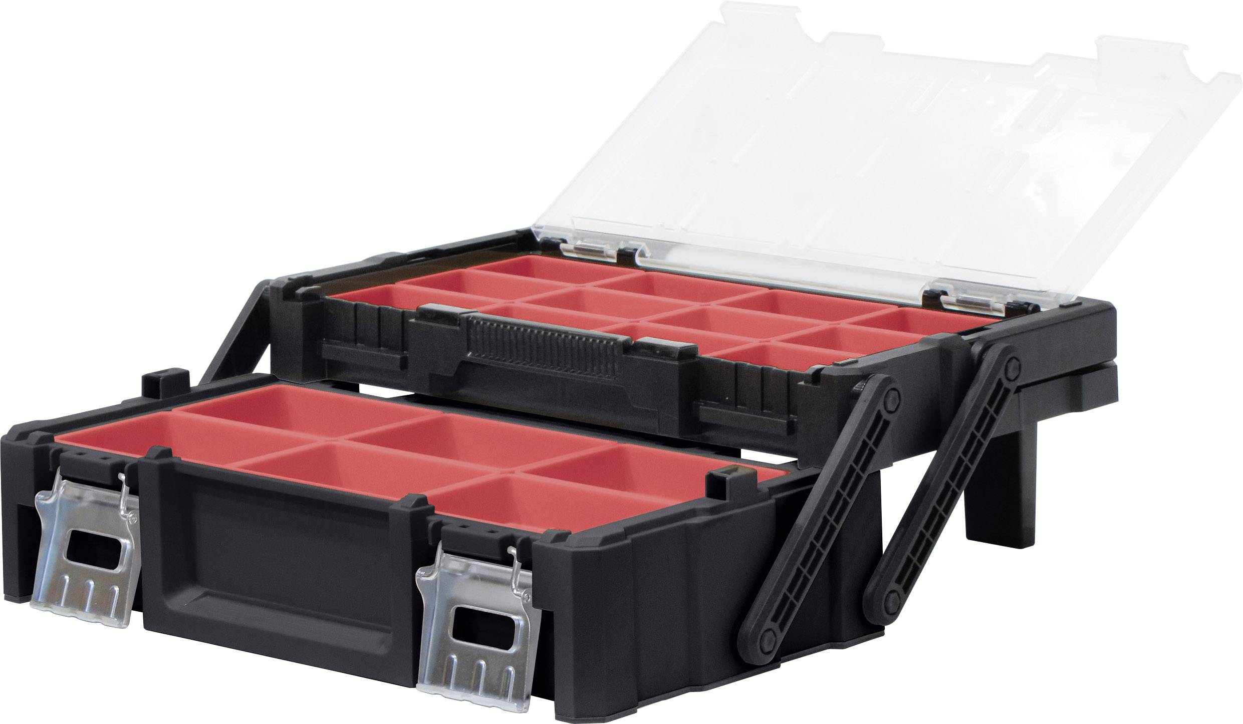 A black and red compartment box with open compartments and a transparent lid, perfect for storing small parts and tools.