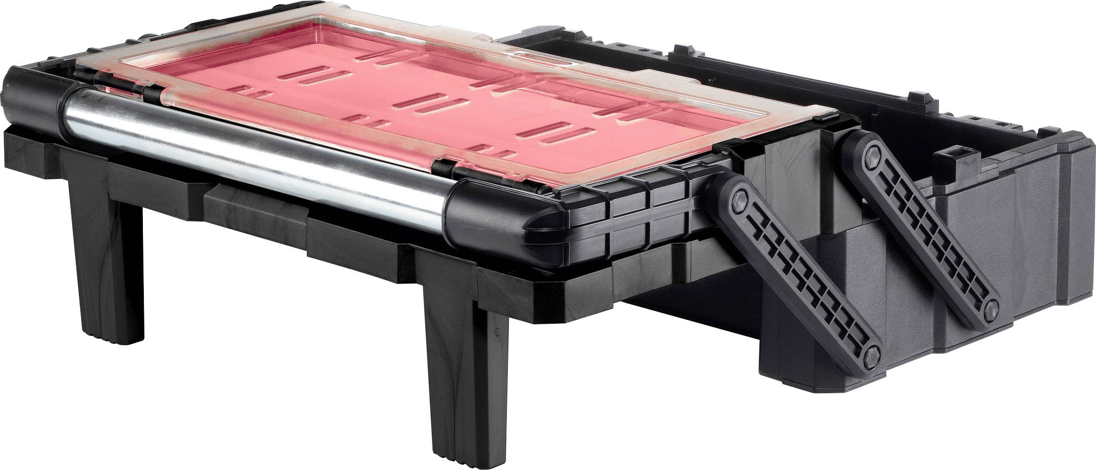 Black rectangular workshop organiser with transparent lid and red storage boxes, mounted on sturdy legs with carrying handle.