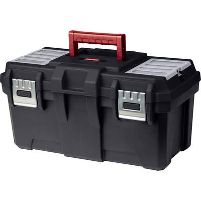 Black toolbox with red handle and silver clasps, rectangular shape, suitable for storing tools.