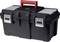 Black toolbox with red handle and silver clasps, rectangular shape, suitable for storing tools.
