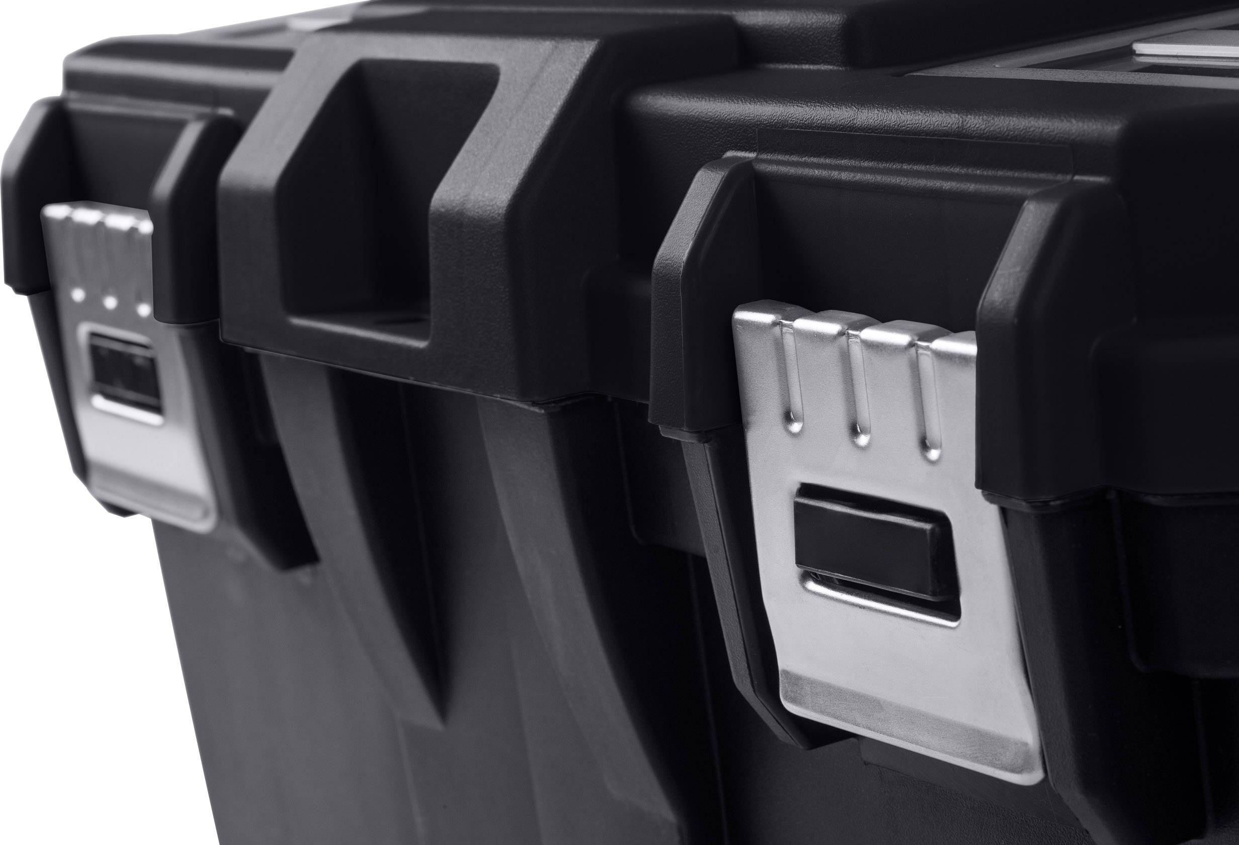 Black plastic storage box with silver metal buckles; detailed close-up of the fastening and handle.