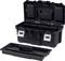Opened black plastic toolbox with a removable tray, suitable for storing tools or small parts.