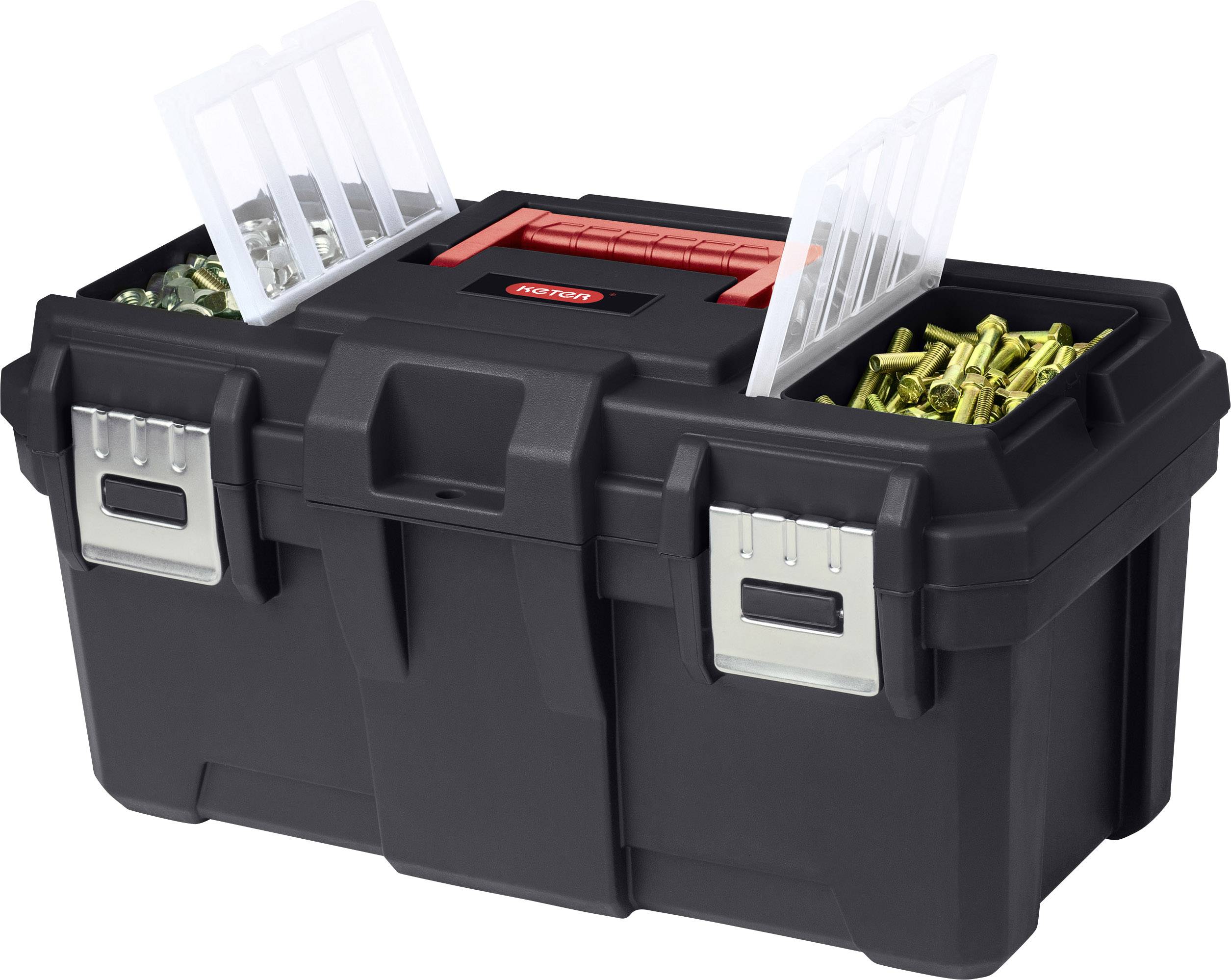 Black toolbox with red handle, two open compartments containing screws and bolts, metal clasps at the front.