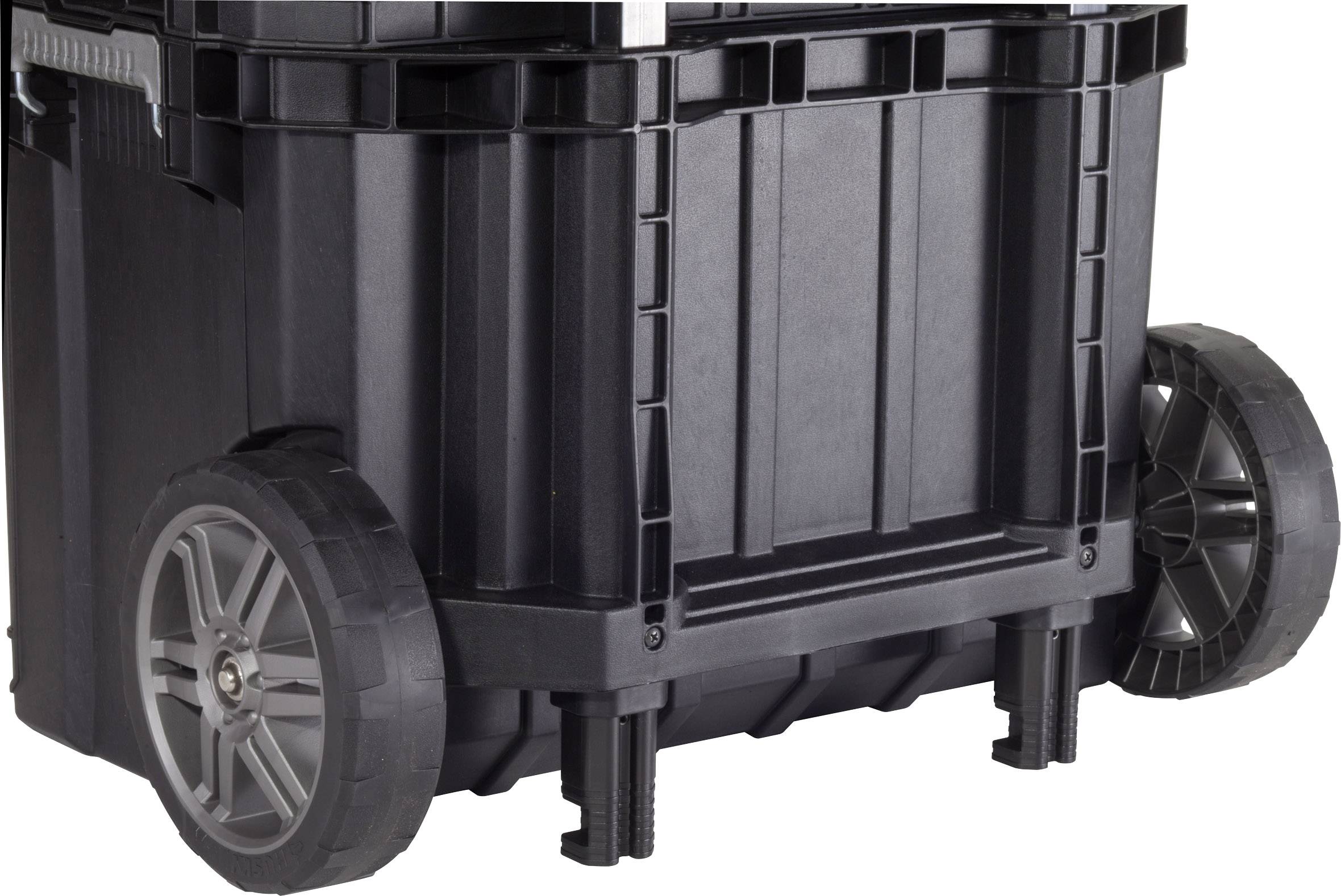 Robust black storage box with wheels, suitable for transporting heavy items.