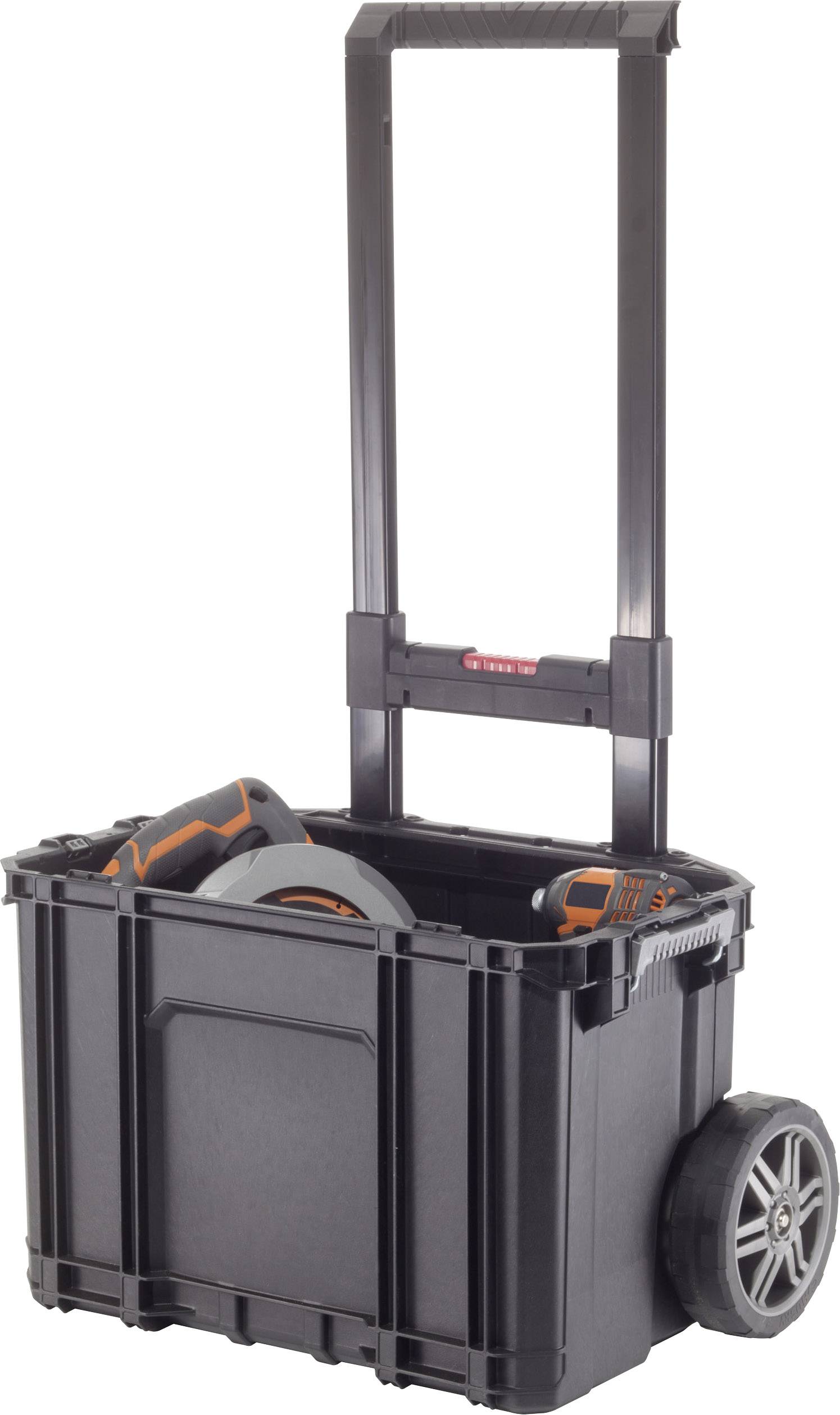 Black tool box with extendable handle and large wheels, designed for easy transportation of tools and accessories.