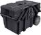 Black, rollable tool box with handle and robust wheels, suitable for transporting or storing tools.