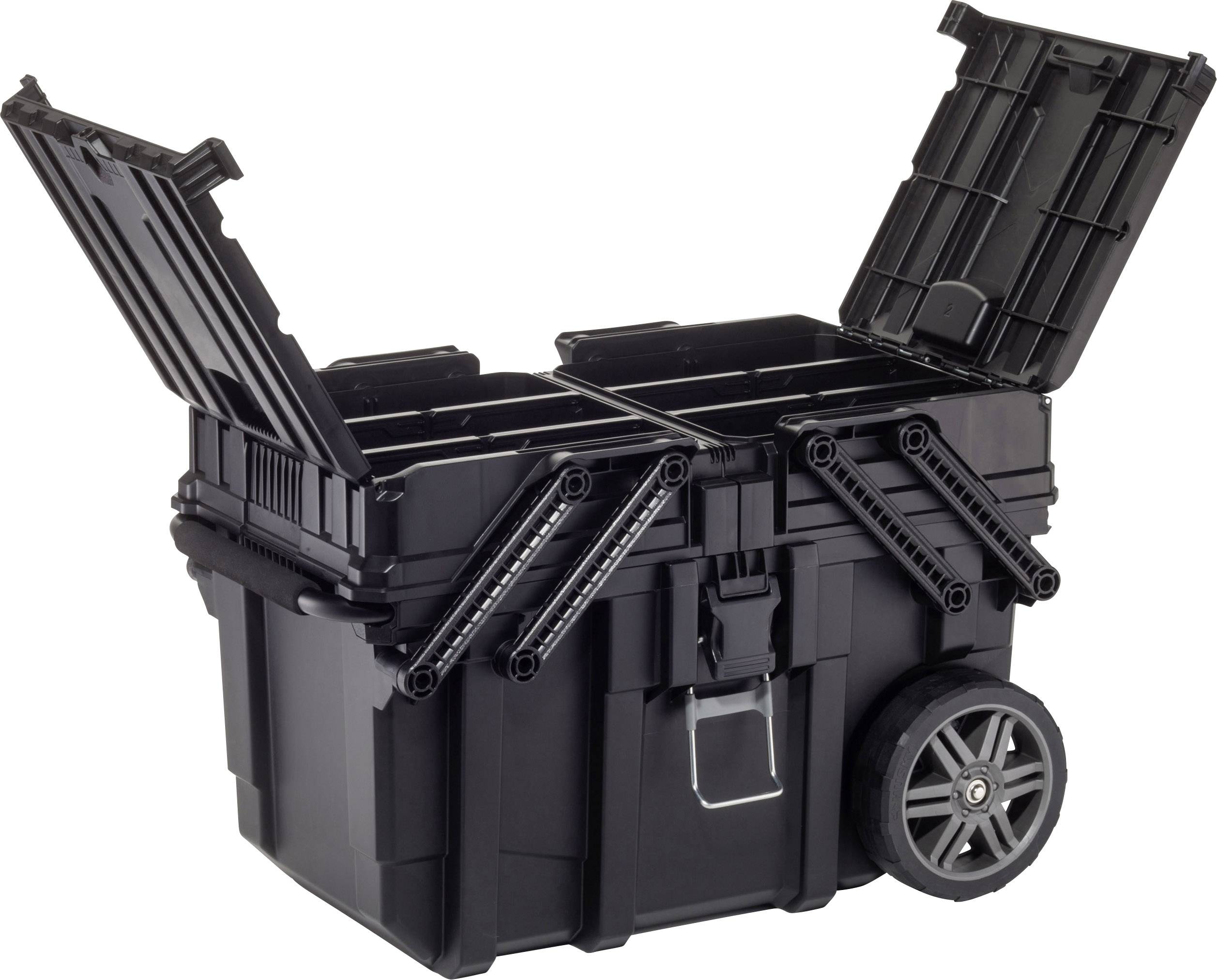 A black tool chest with wheels and two open compartments on the top, ready for storing tools.