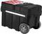 Large black toolbox with sturdy wheels and red handle on top, suitable for easy transportation of tools and accessories.