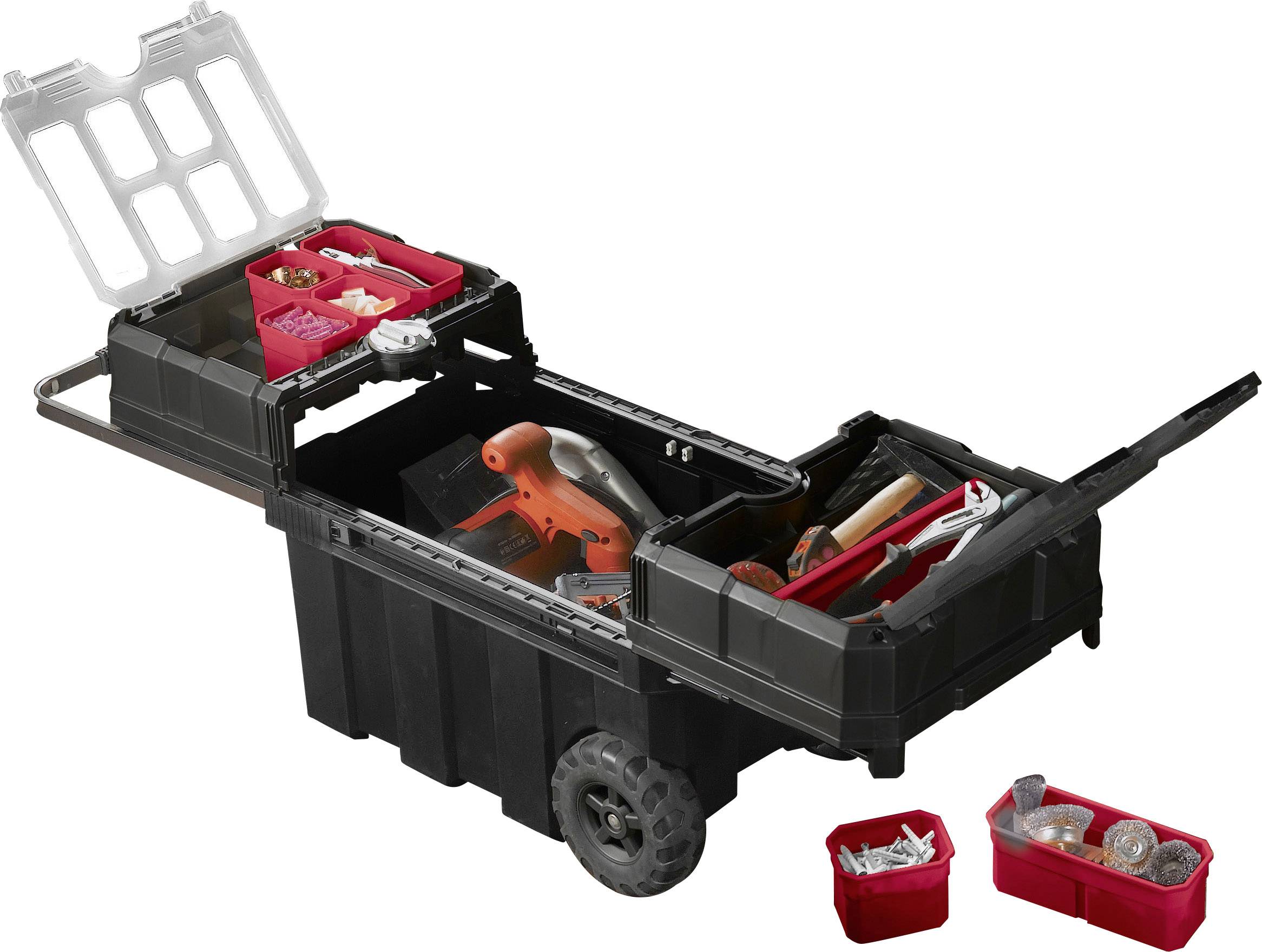 Black toolbox on wheels with open compartments, showing various tools and accessories. Two small red boxes beside it.