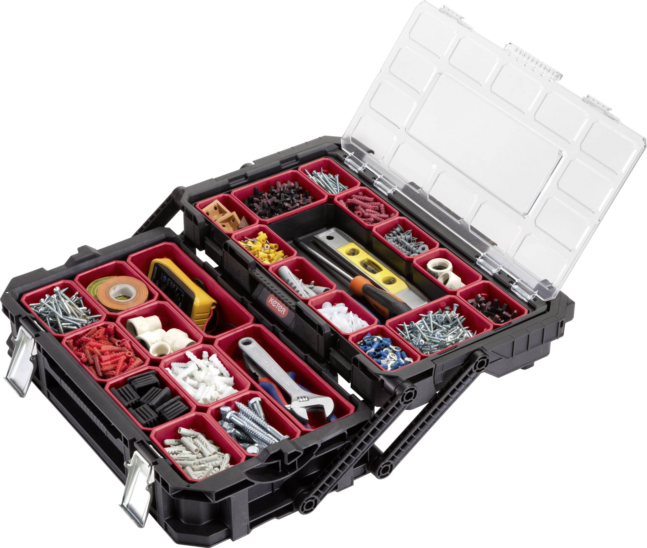 An open toolbox with various compartments neatly organising screws, nails, wall plugs, and adhesive tape.