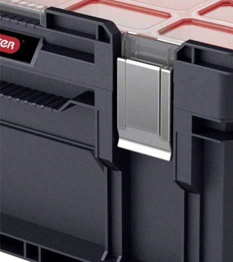 A black tool box with a red lid and silver metal clasp. Ideal for securely storing and organising tools.