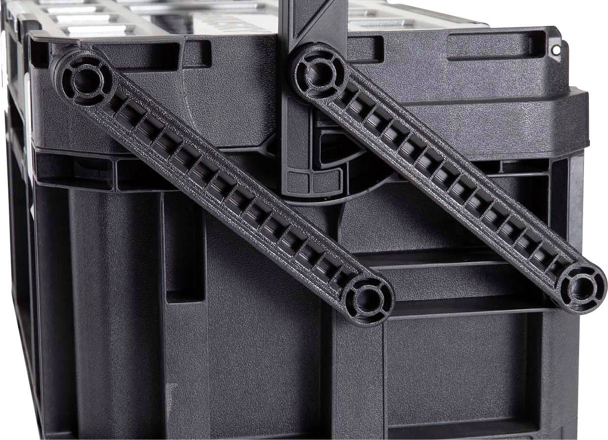Black, stackable plastic crate with sturdy, foldable reinforcements on the sides, suitable for storage and transportation.