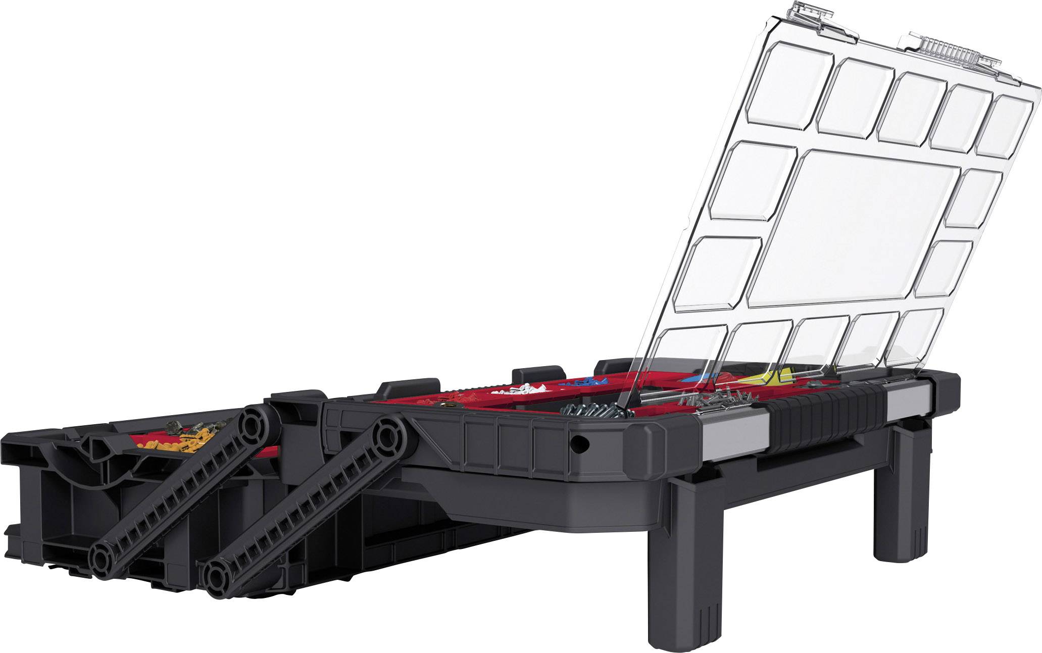 Plastic storage box with an open, transparent lid, displaying sorted compartments for small items such as screws and tools.