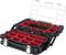 Black tool case with transparent lid, featuring numerous red compartments for screws or small parts; shown open.