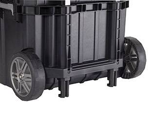 Black, robust storage box with wheels, suitable for easy transportation and storage of tools or materials.