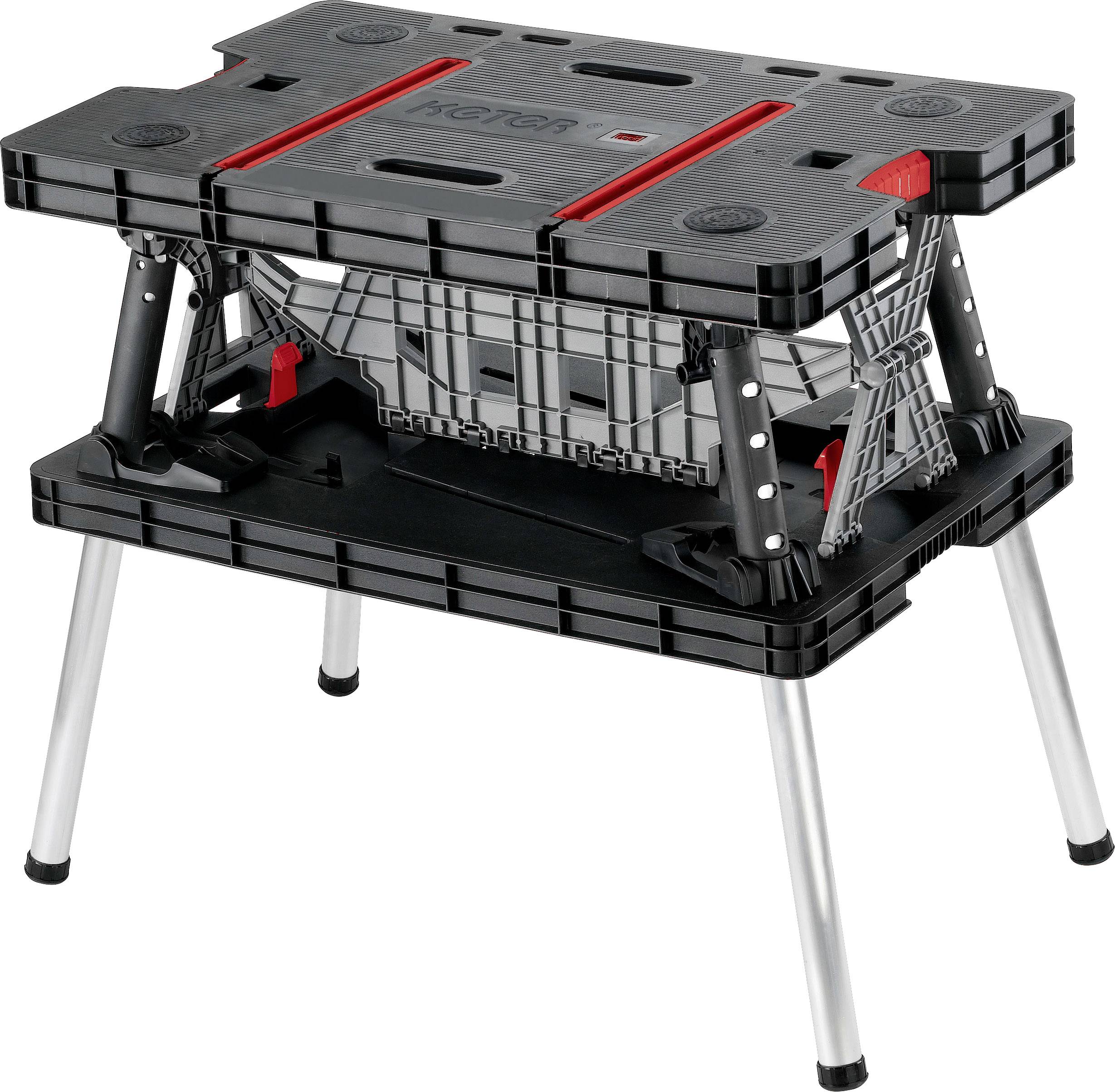 Black, foldable workbench table with red accents and metal legs.