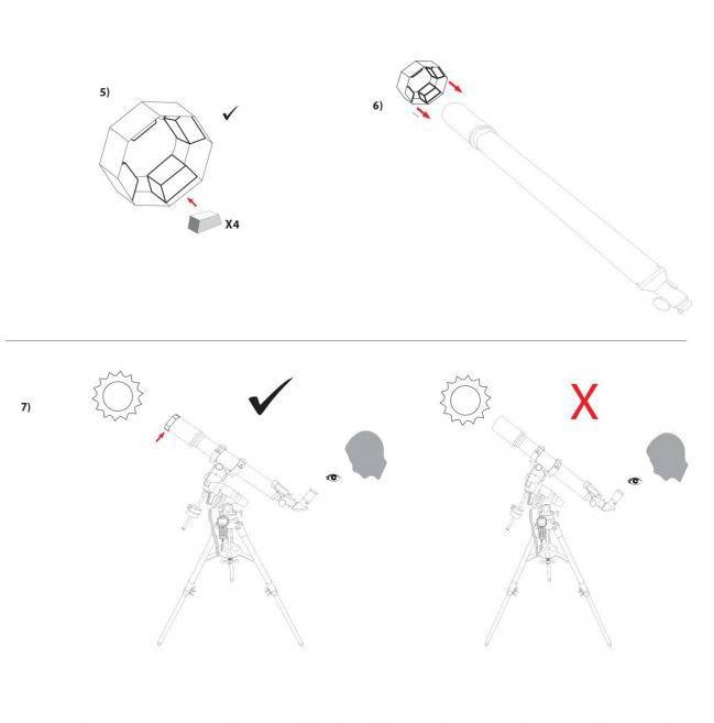 'Instructions for Telescope Assembly: 5) A screw secures the lens. 6) Attach telescope tube. 7) Correct: Solar alignment position.'