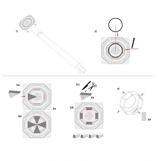 Assembly Instructions for Octagonal Structure: 1) Rod; 2) Circle with arrow; 3) Insert and secure triangles; 4) Octagonal cover.