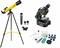 Telescope and microscope set on a white background. Includes accessories such as lenses, pipette, sample containers and more. Ideal for beginners.