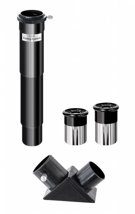 A telescope eyepiece set with three different eyepieces and a diagonal mirror to enhance viewing through the telescope.