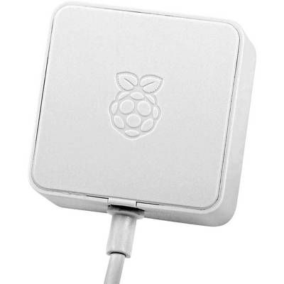 A white power supply with an embossed raspberry logo and attached cable, likely for a Raspberry Pi device.