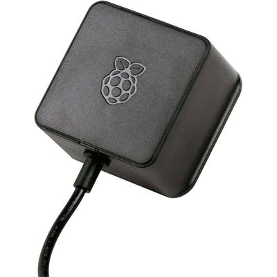 Black power supply with cable and Raspberry logo on top, suitable for Raspberry Pi devices.