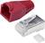 Red RJ45 socket housing and silver RJ45 plug with transparent clip, lying side by side on a white background.