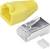 Yellow RJ45 cable plug and silver modular plug with ferrules. They are used for network connections.