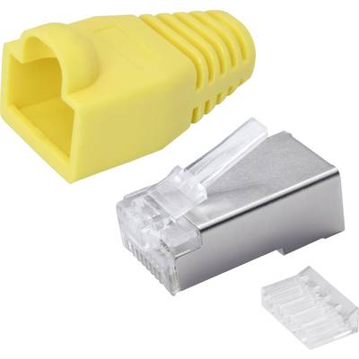 'RJ45 plug and strain relief in yellow, shown open. Suitable for network cable installation.'