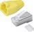'RJ45 plug and strain relief in yellow, shown open. Suitable for network cable installation.'