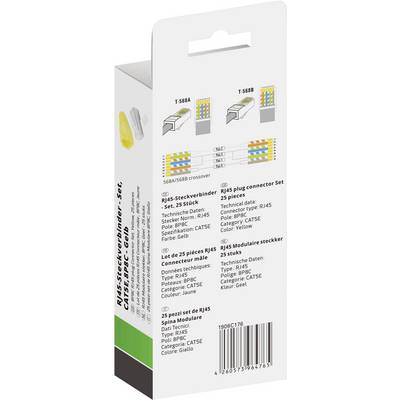 'RJ45 Connector Kit, CAT5e, Yellow, Pack of 25' - Contains technical details and wiring diagram connector pinouts.