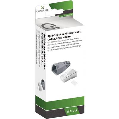 Packaging for an RJ45 connector set for CAT5E and 8P8C in grey, containing 25 pieces. Shows an image of a connector and cable.