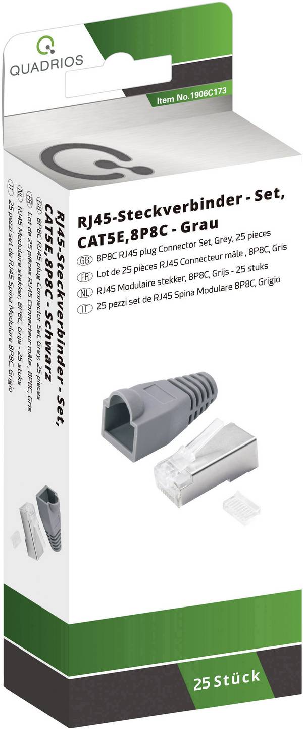 Quadrios  Quadrios  N/A 1906C173 Plug, straight   No. of pins (RJ) 8P8C Grey 25 pc(s) 1906C173 Plug, straight   No. of pins (RJ) 8P8C Grey 25 pc(s)