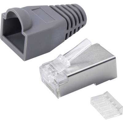 Grey RJ45 connector housing and plug with metal shielding, alongside a plastic component, on a white background.