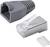 Grey RJ45 connector housing and plug with metal shielding, alongside a plastic component, on a white background.