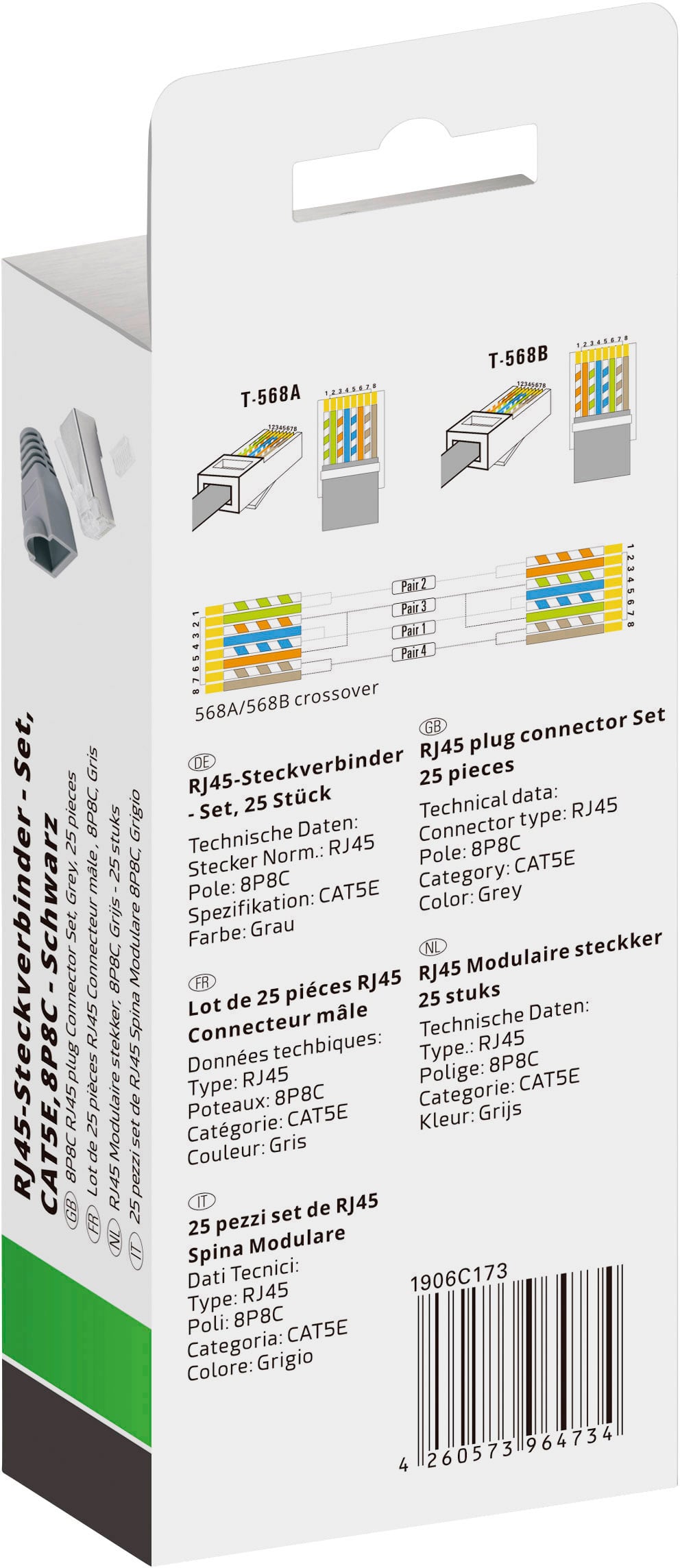 'RJ45 Connector Kit, CAT5E' Packaging with illustration of connectors, technical specifications and product information in multiple languages.