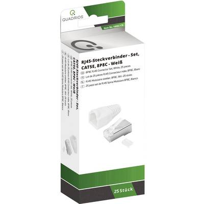 'RJ45 Network Connector Kit, CAT5E, 8P8C, White, Pack of 25' on packaging. Shows plugs and illustration of contents. Brand name visible.