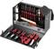 Black tool case set with screwdrivers, pliers, hammer, ruler and brush. Tools have red handles.