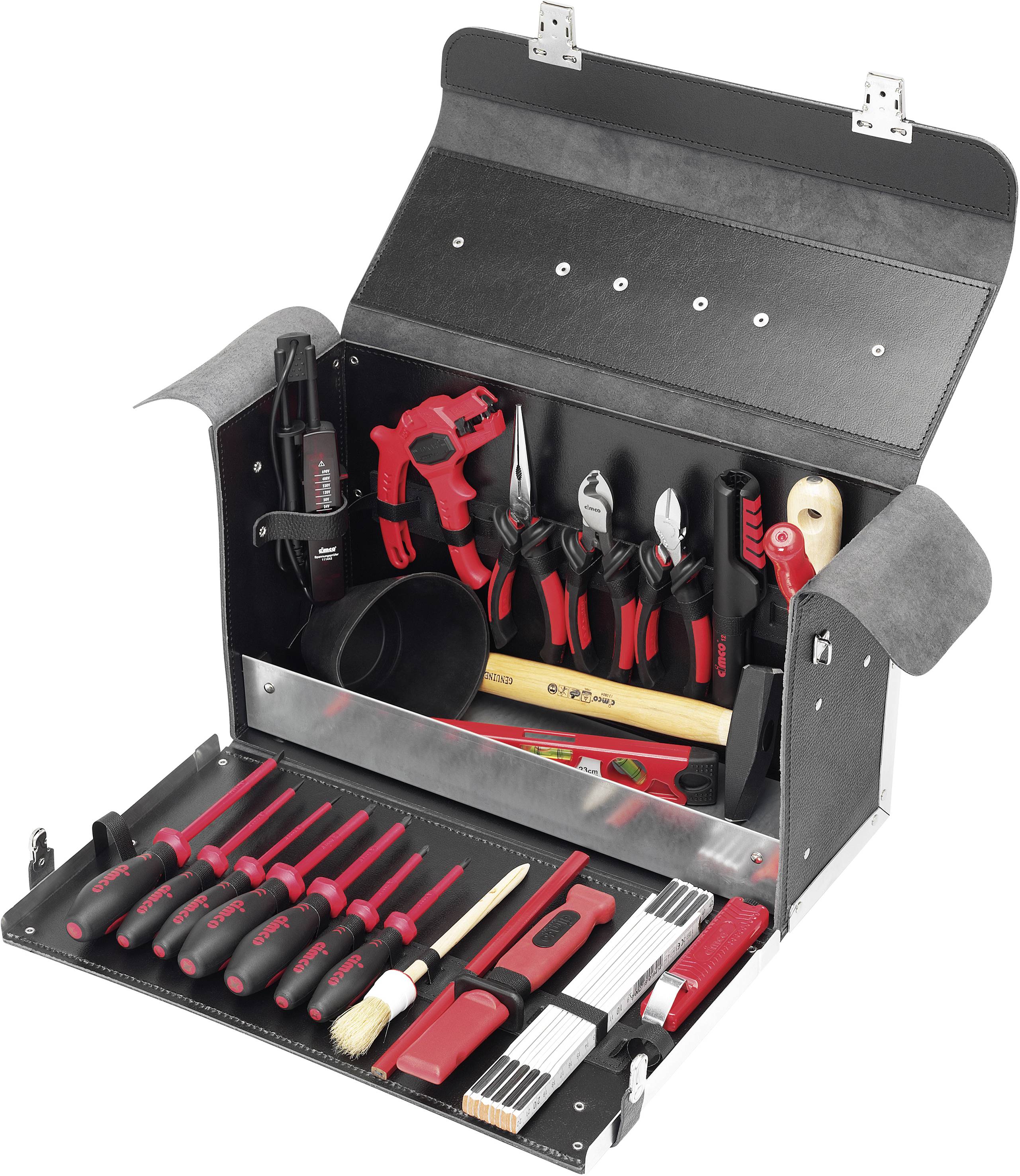 Tool case opened, filled with various hand tools: screwdrivers, pliers, hammer, spirit level. Contains red and black handles.