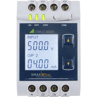 A measuring device with a display shows 'INPUT 500.0 V' and 'O/P 2 04.00 mA'. Three illuminated LEDs and connections are located at the top.