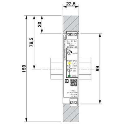 Illustration of a DIN rail-mounted device with dimensions 159 mm x 22.5 mm. Includes connections for signal, DC, and AC input.