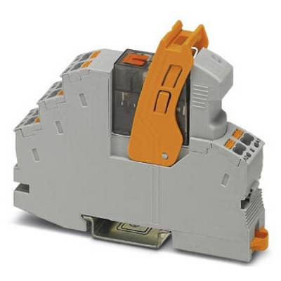 A grey relay module with orange elements for DIN rail mounting, used in electrical control systems.