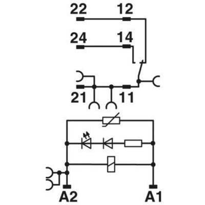 Circuit diagram shows a relay with coil terminals A1 and A2, and switching contacts 11-14, 21-24, and 12-22.
